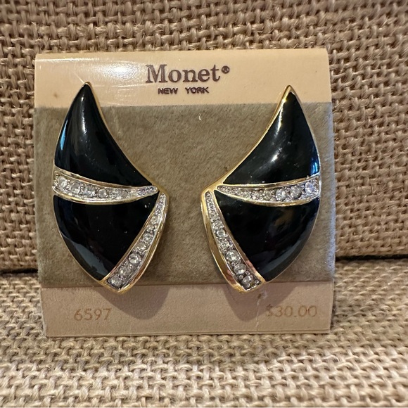 Monet Jewelry - NWT/NOS 1980’s Vintage Monet clip-on earrings gold tone black enamel rhinestones